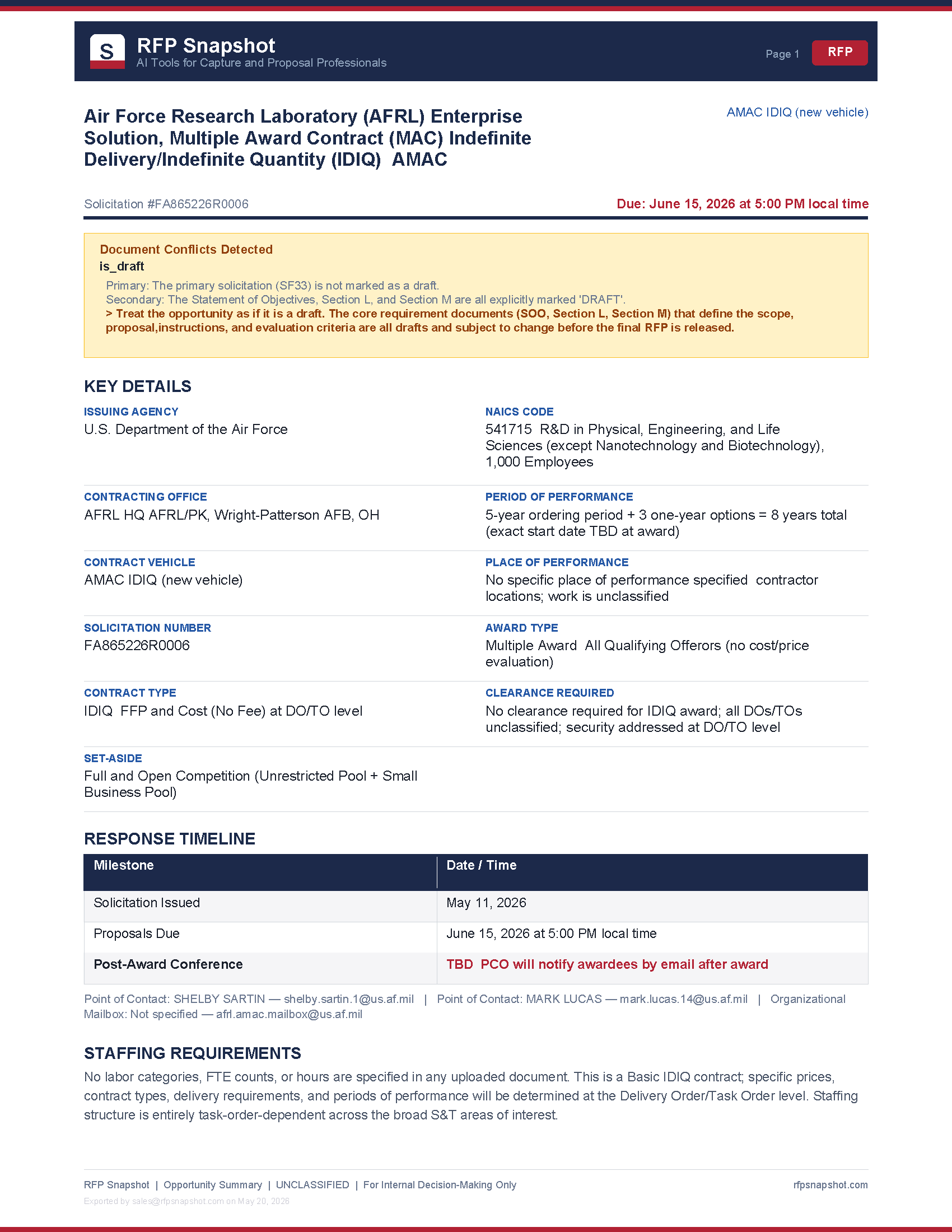AMAC IDIQ Snapshot Page 1 - Key details, timeline, staffing