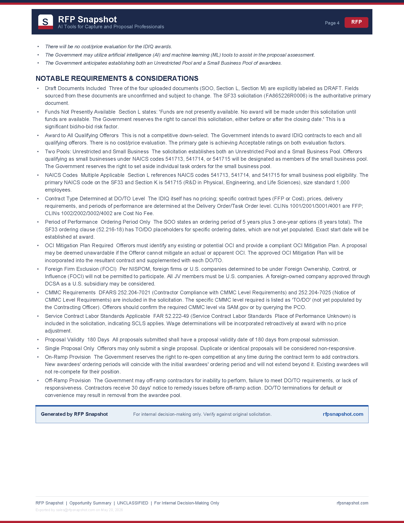 AMAC IDIQ Snapshot Page 4 - Notable requirements and considerations