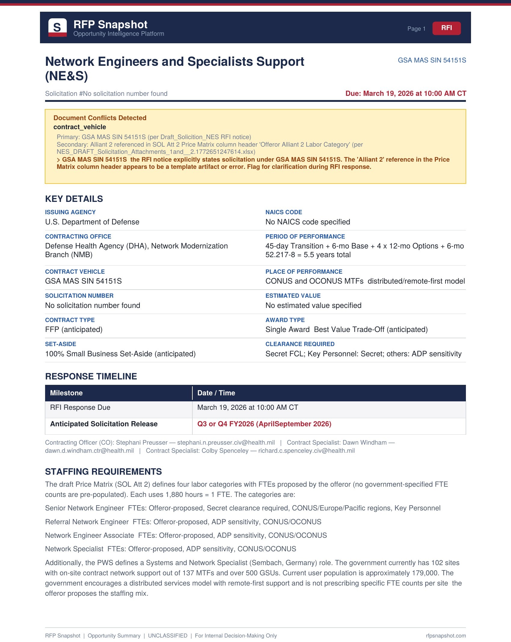 DHA Snapshot Page 1 - Key details, timeline, staffing