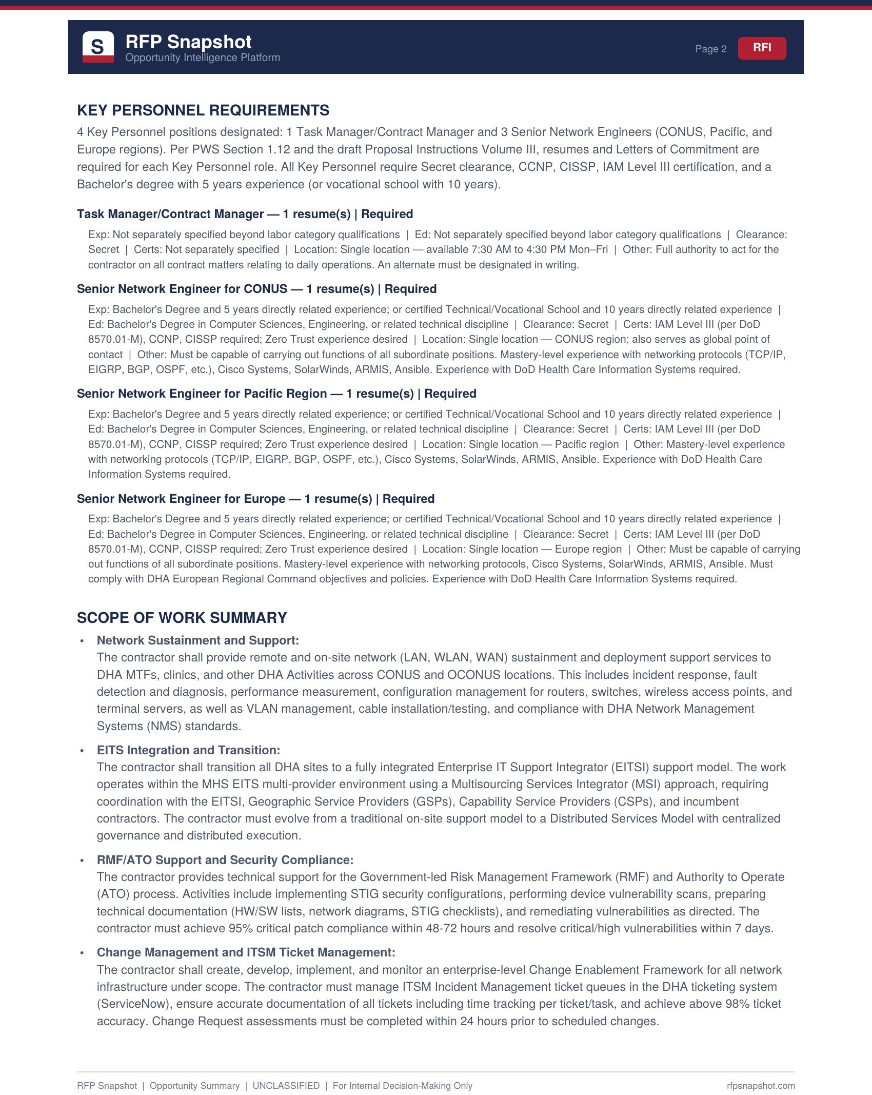 DHA Snapshot Page 2 - Key personnel, scope of work