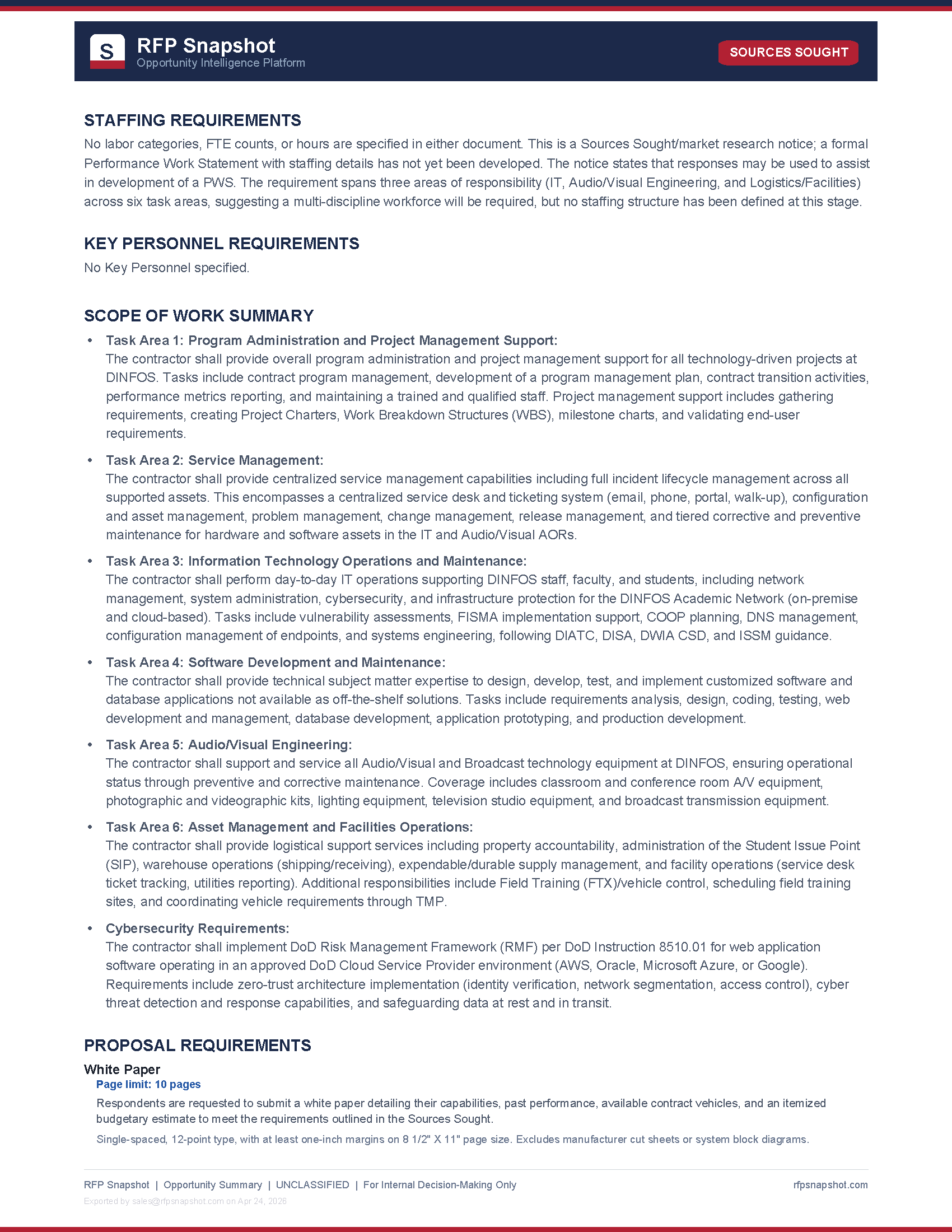 DINFOS Snapshot Page 2 — Six task areas, scope of work, cybersecurity requirements