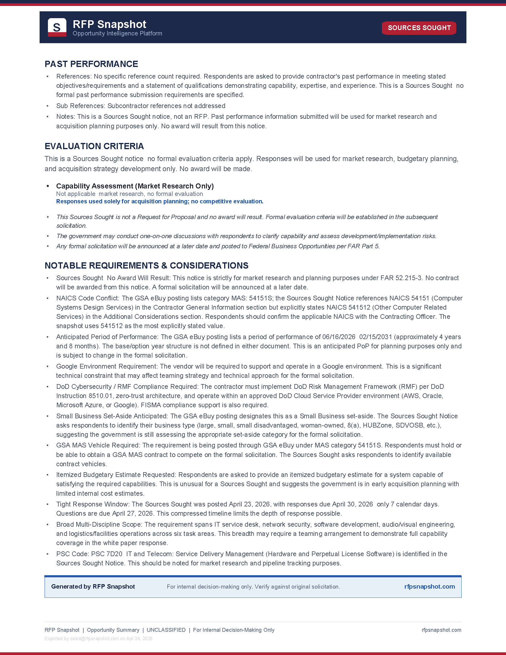 DINFOS Snapshot Page 3 — Proposal requirements and notable considerations