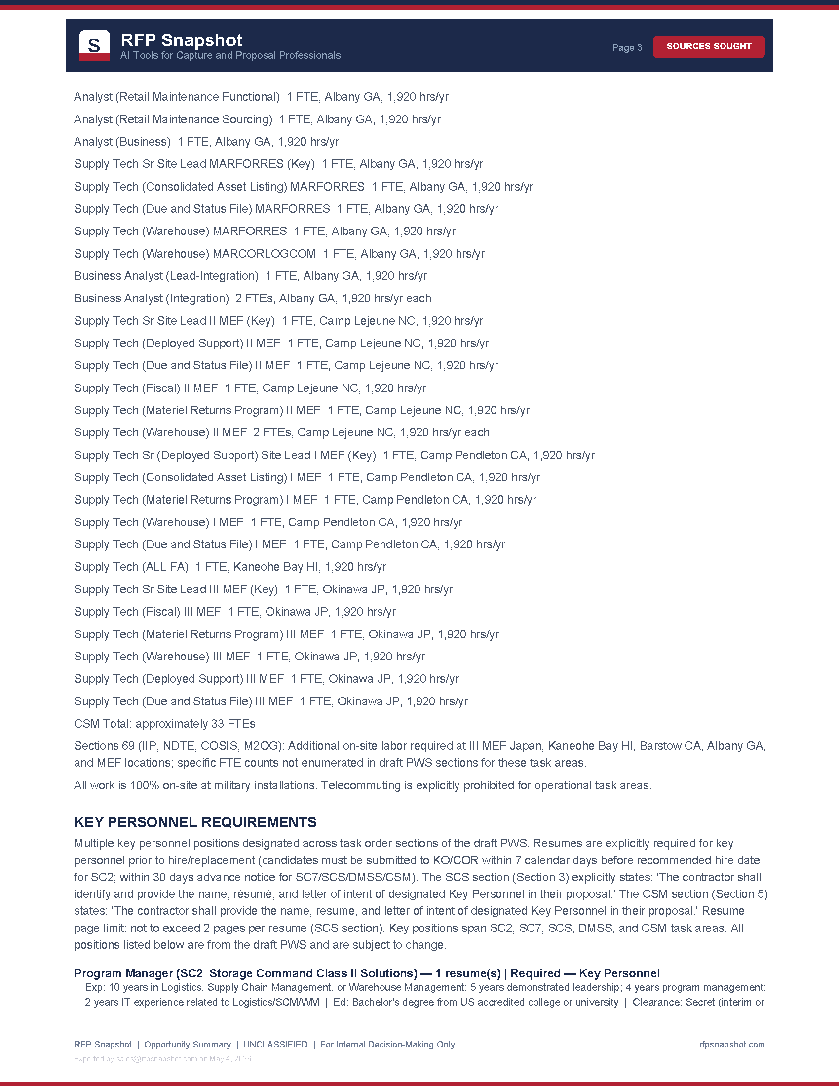MFSC-FMF Snapshot Page 3 - Key personnel requirements and scope of work
