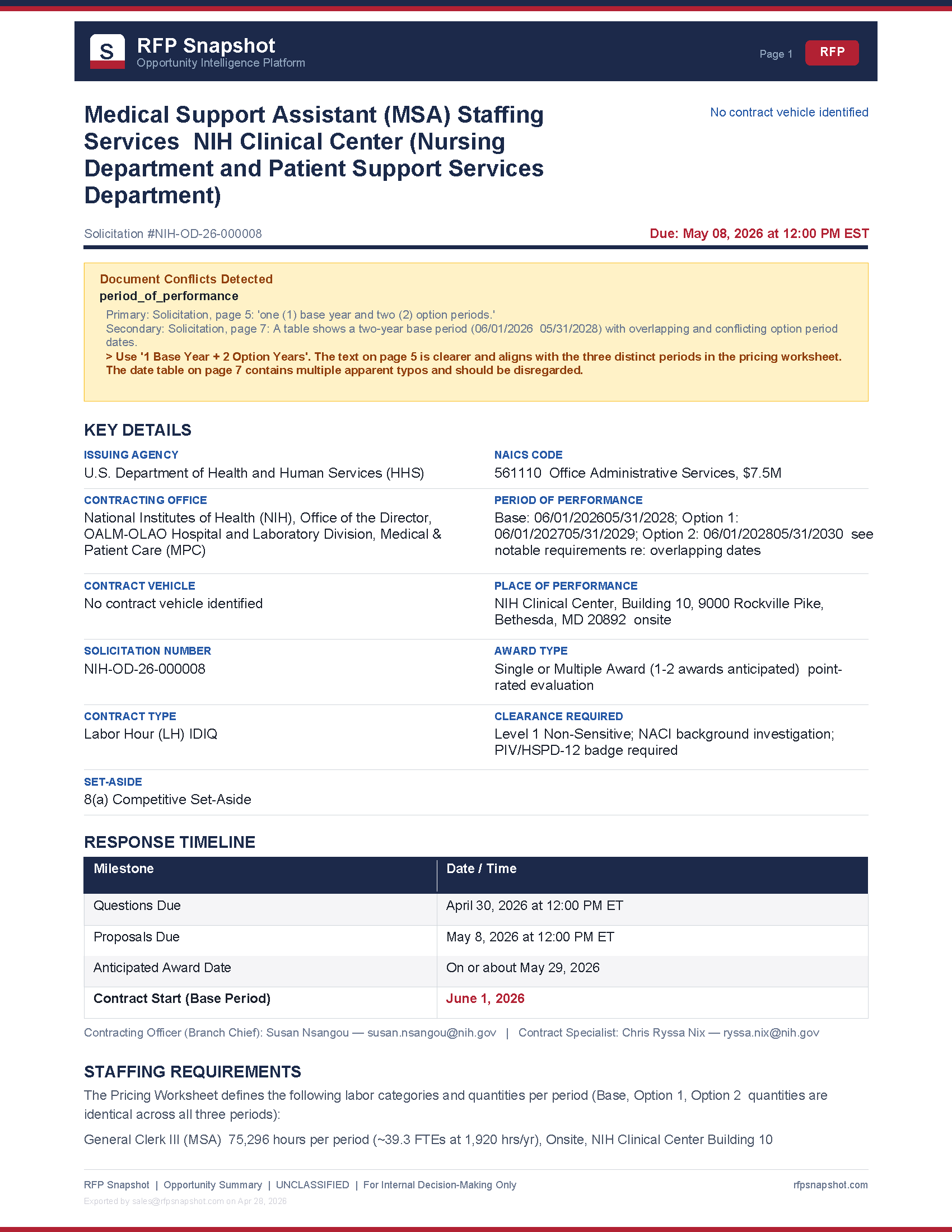 NIH MSA Snapshot Page 1 - Key details, timeline, staffing
