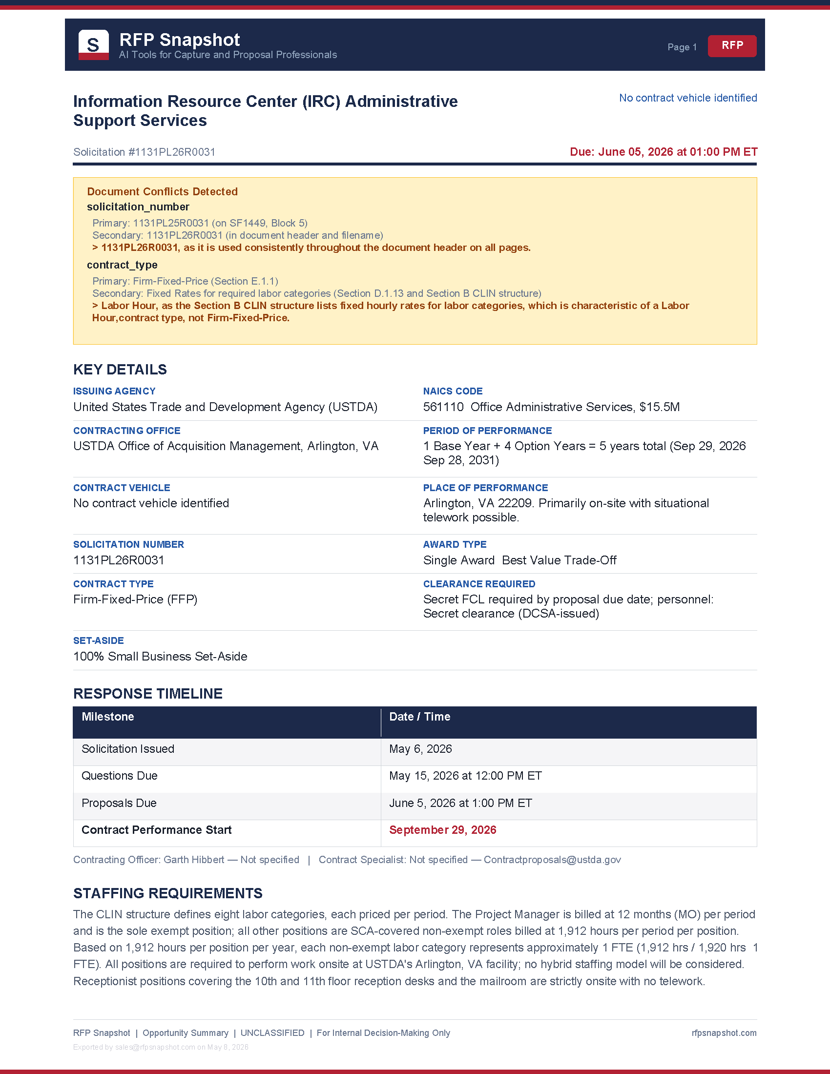 USTDA IRC Snapshot Page 1 - Key details, timeline, staffing
